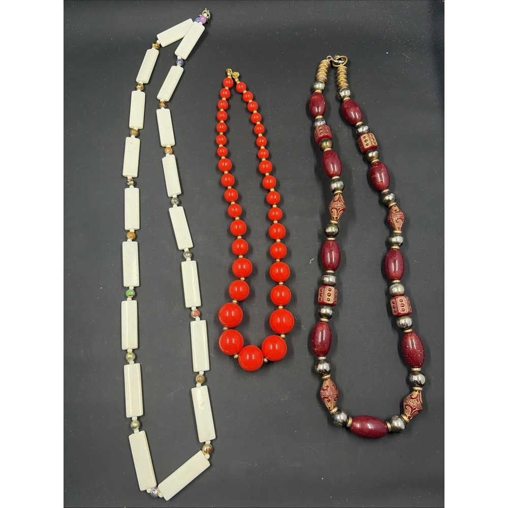 Lot of 3 Estate Beaded Statement Necklaces Red, White and‎ Browns